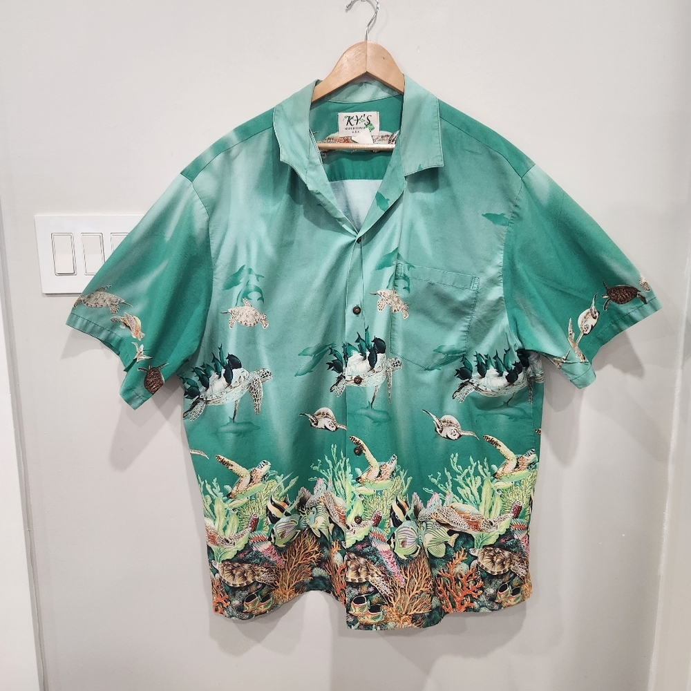 Ky's Vintage Hawaiian Shirt Mens 3XL Green Turtles Button Up Cotton Made in USA